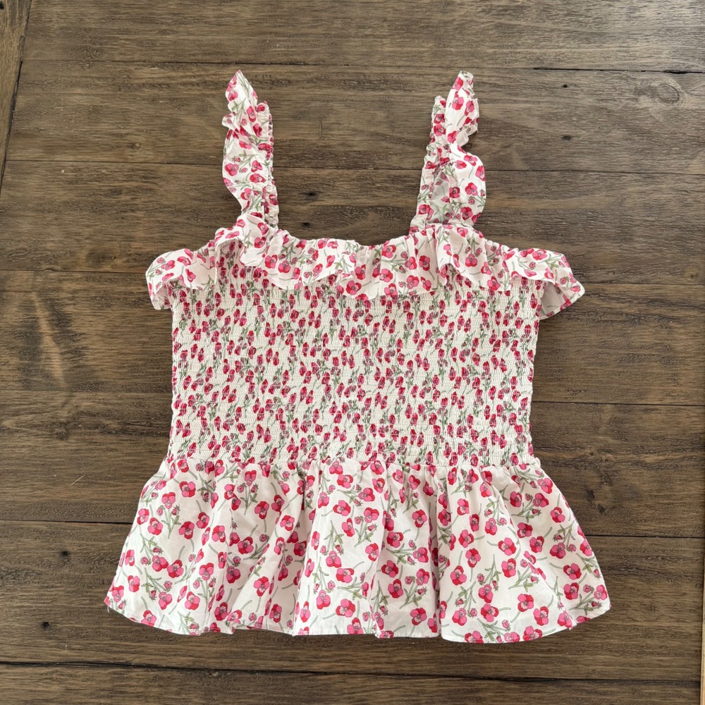 J.Crew Liberty Fabric Floral Smocked Peplum Top Pink White L6741 Womens XS
